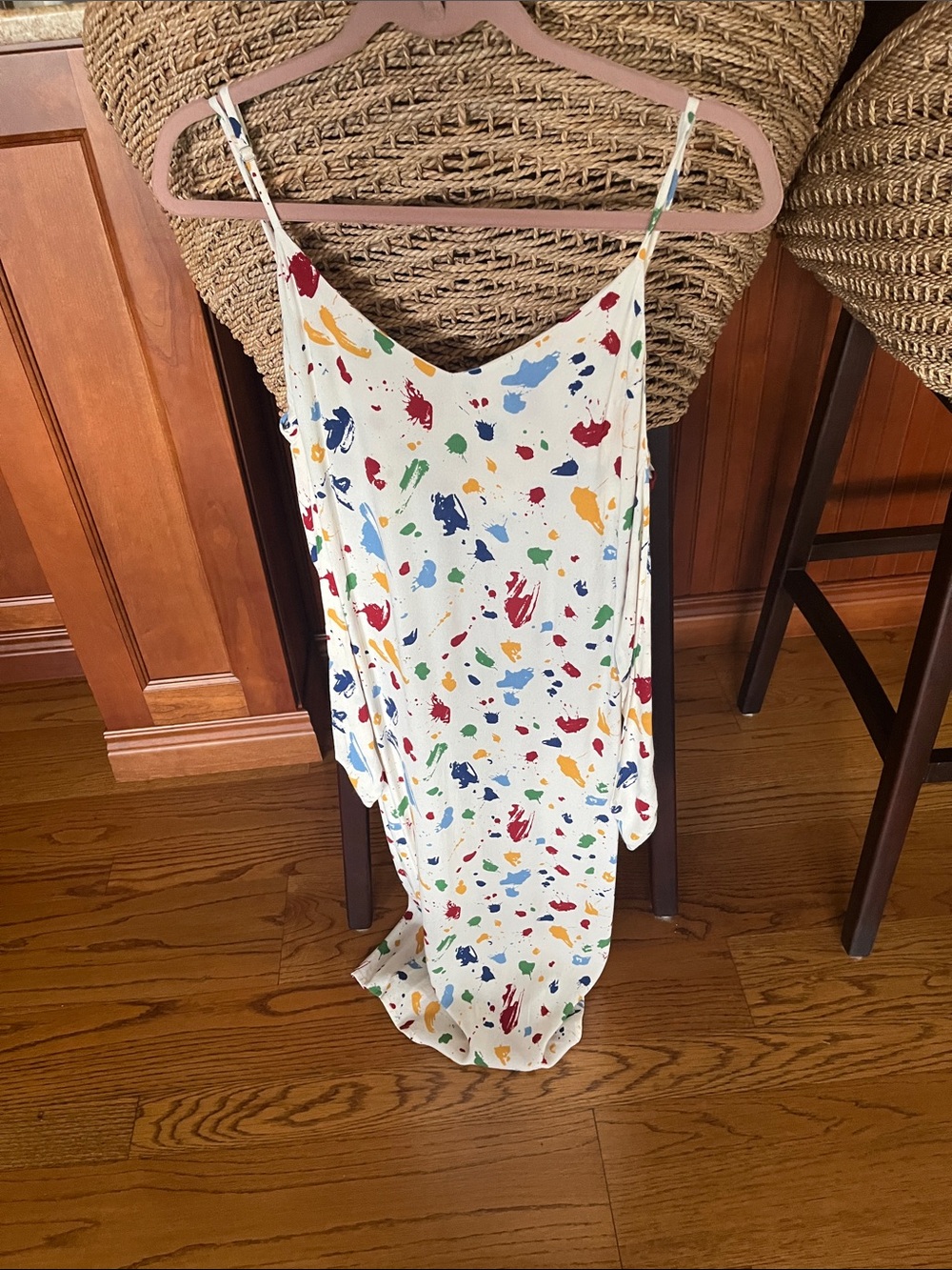 Women’s Spaghetti Strap/Long Sleeve Dress in Off White with Colorful Splats